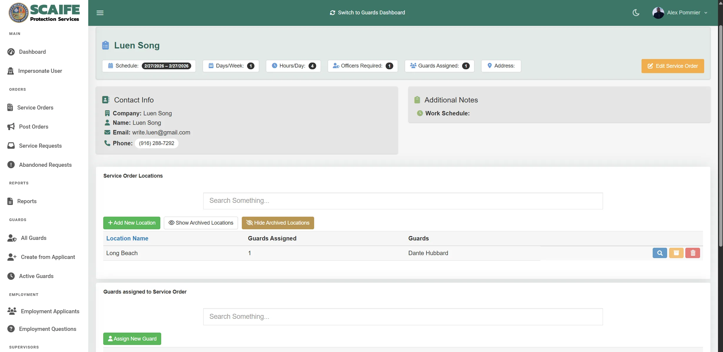 SCAIFE Protection Services ServiceOrderDetails